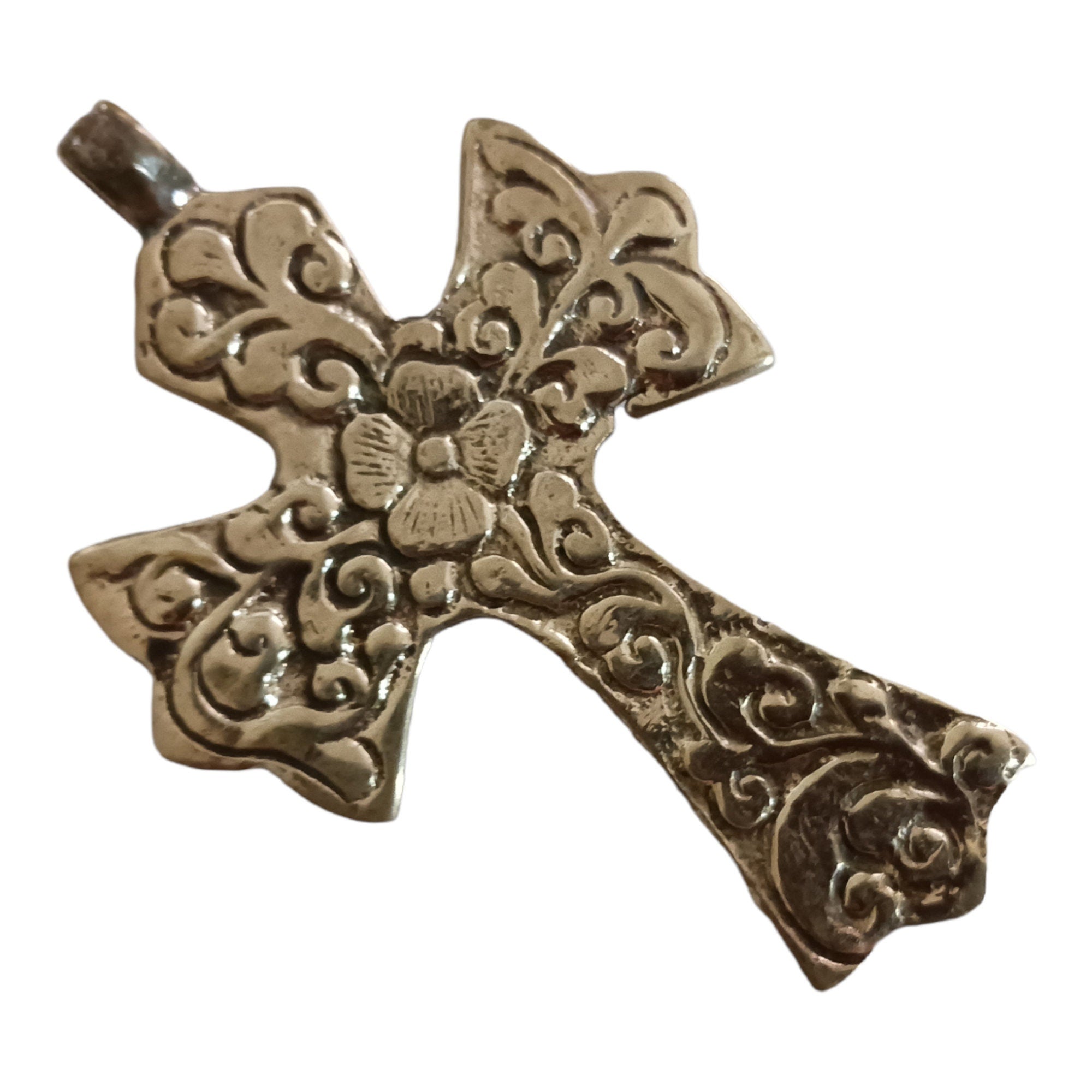 Tibetan cross pendant from Nepal with agate inlay floral design - PM210F