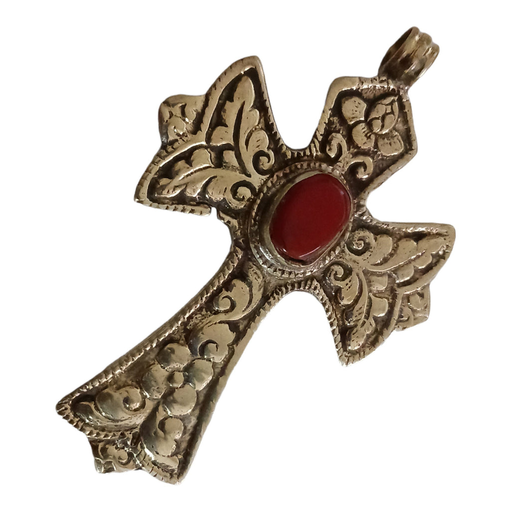 Tibetan cross pendant from Nepal with agate inlay floral design - PM210F