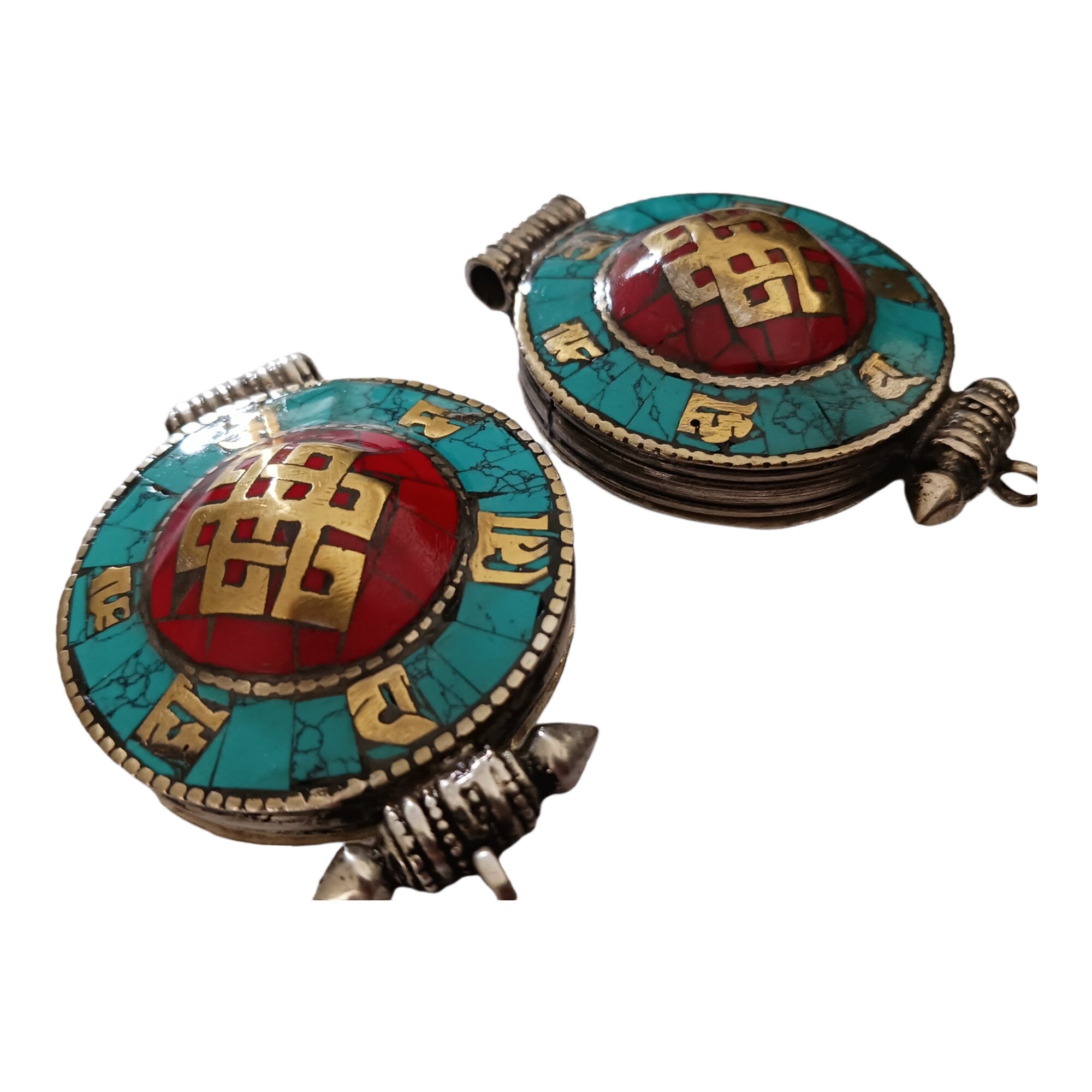 1 Pendant - Large big Ethnic Tibetan antiqued silver finish Ghau prayer box infinity knot pendant turquoise inlay - PM426B