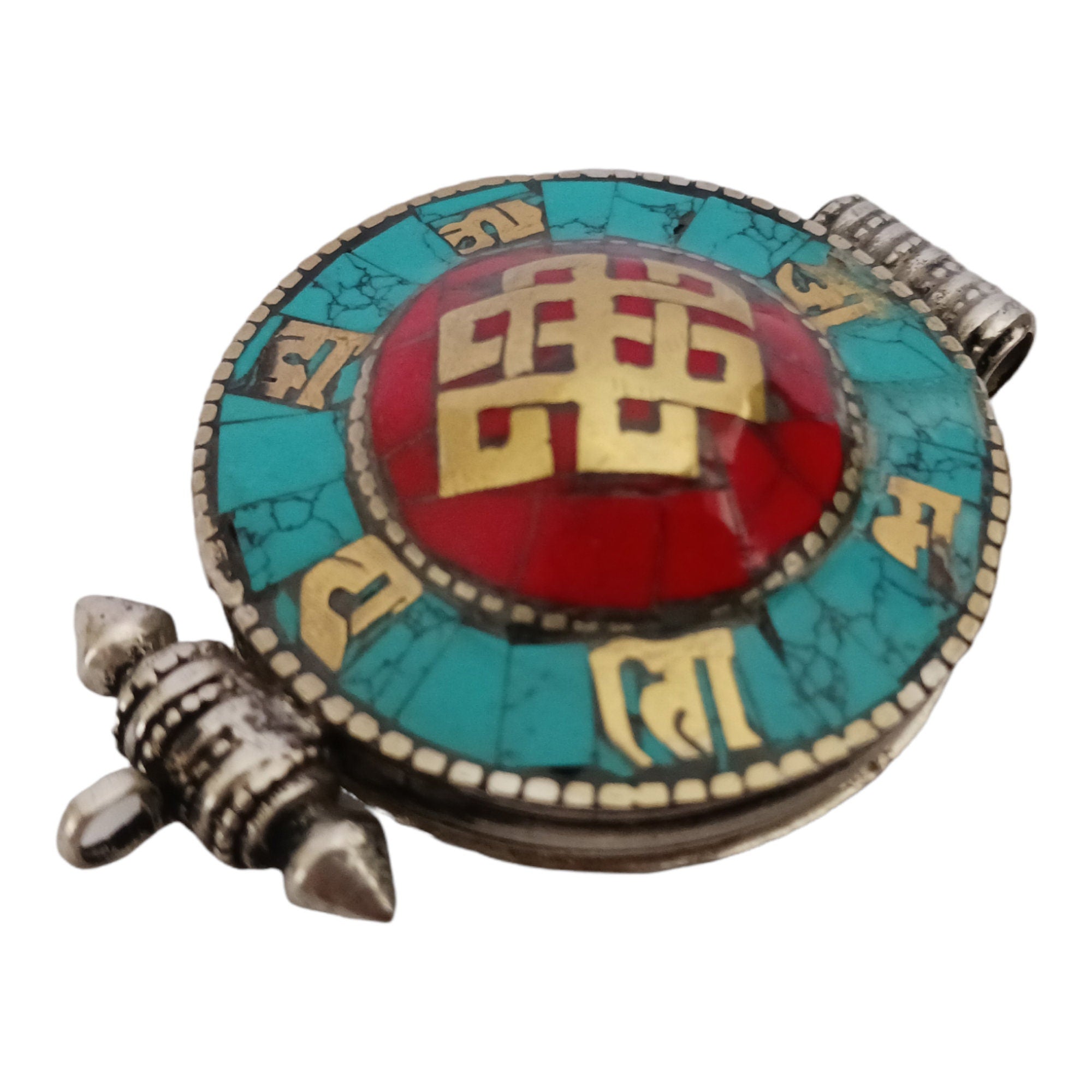 1 Pendant - Large big Ethnic Tibetan antiqued silver finish Ghau prayer box infinity knot pendant turquoise inlay - PM426B