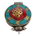 1 Pendant - Large big Ethnic Tibetan antiqued silver finish Ghau prayer box infinity knot pendant turquoise inlay - PM426B
