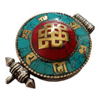 1 Pendant - Large big Ethnic Tibetan antiqued silver finish Ghau prayer box infinity knot pendant turquoise inlay - PM426B