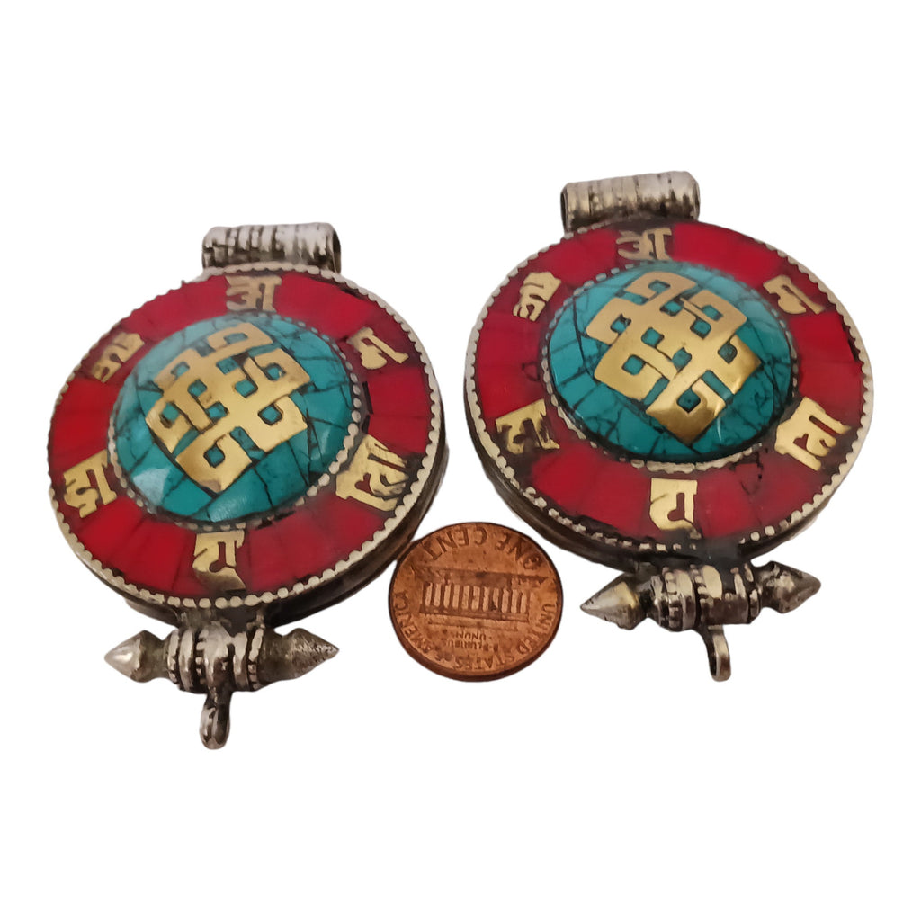 1 Pendant - Large big Ethnic Tibetan antiqued silver finish Ghau prayer box infinity knot pendant turquoise inlay - PM426D
