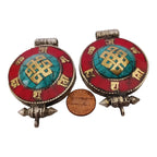 1 Pendant - Large big Ethnic Tibetan antiqued silver finish Ghau prayer box infinity knot pendant turquoise inlay - PM426D