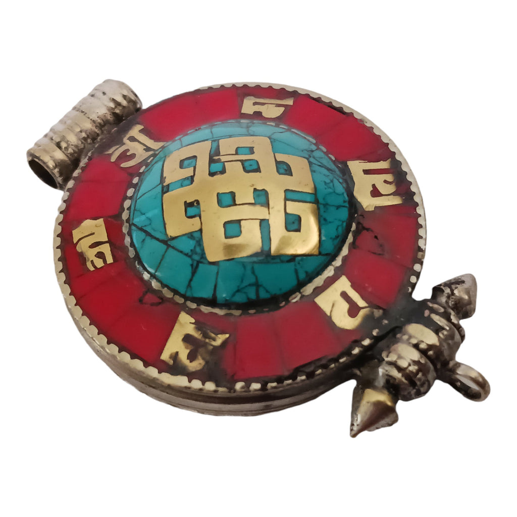 1 Pendant - Large big Ethnic Tibetan antiqued silver finish Ghau prayer box infinity knot pendant turquoise inlay - PM426D
