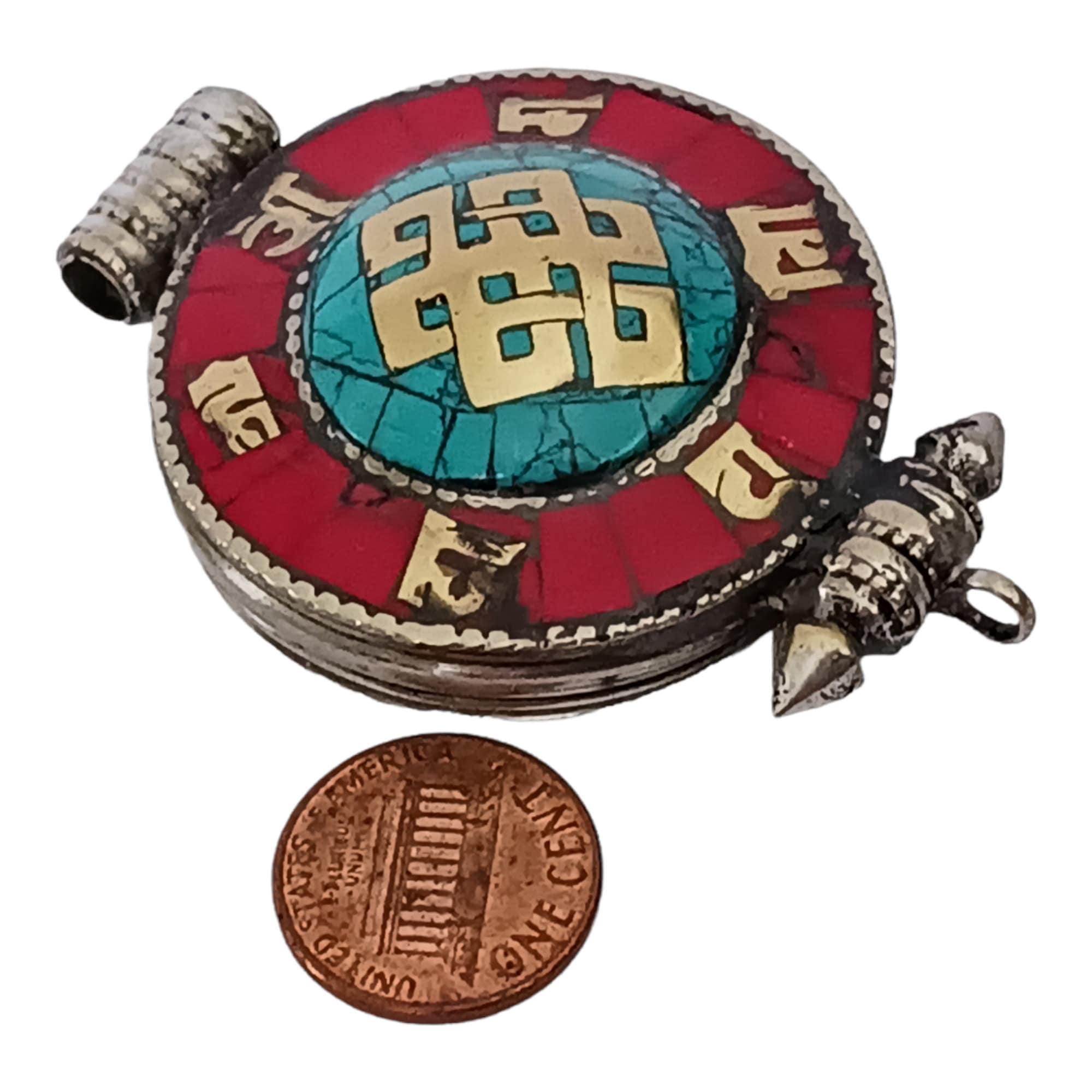 1 Pendant - Large big Ethnic Tibetan antiqued silver finish Ghau prayer box infinity knot pendant turquoise inlay - PM426D