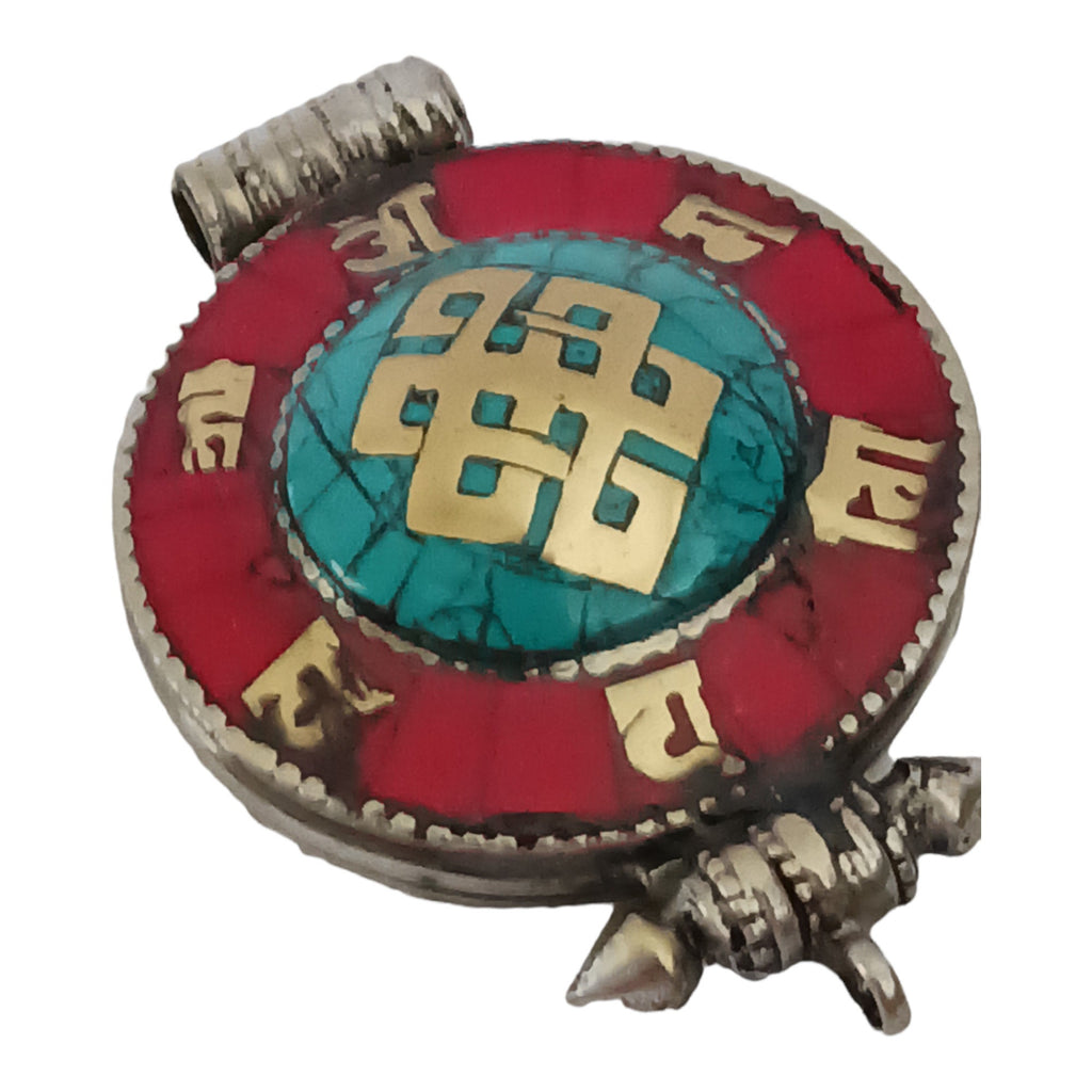 1 Pendant - Large big Ethnic Tibetan antiqued silver finish Ghau prayer box infinity knot pendant turquoise inlay - PM426D