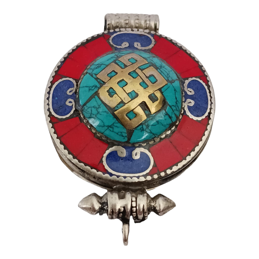 1 Pendant - Large big Ethnic Tibetan antiqued silver finish Ghau prayer box infinity knot pendant turquoise lapis inlay - PM426F