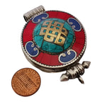 1 Pendant - Large big Ethnic Tibetan antiqued silver finish Ghau prayer box infinity knot pendant turquoise lapis inlay - PM426F