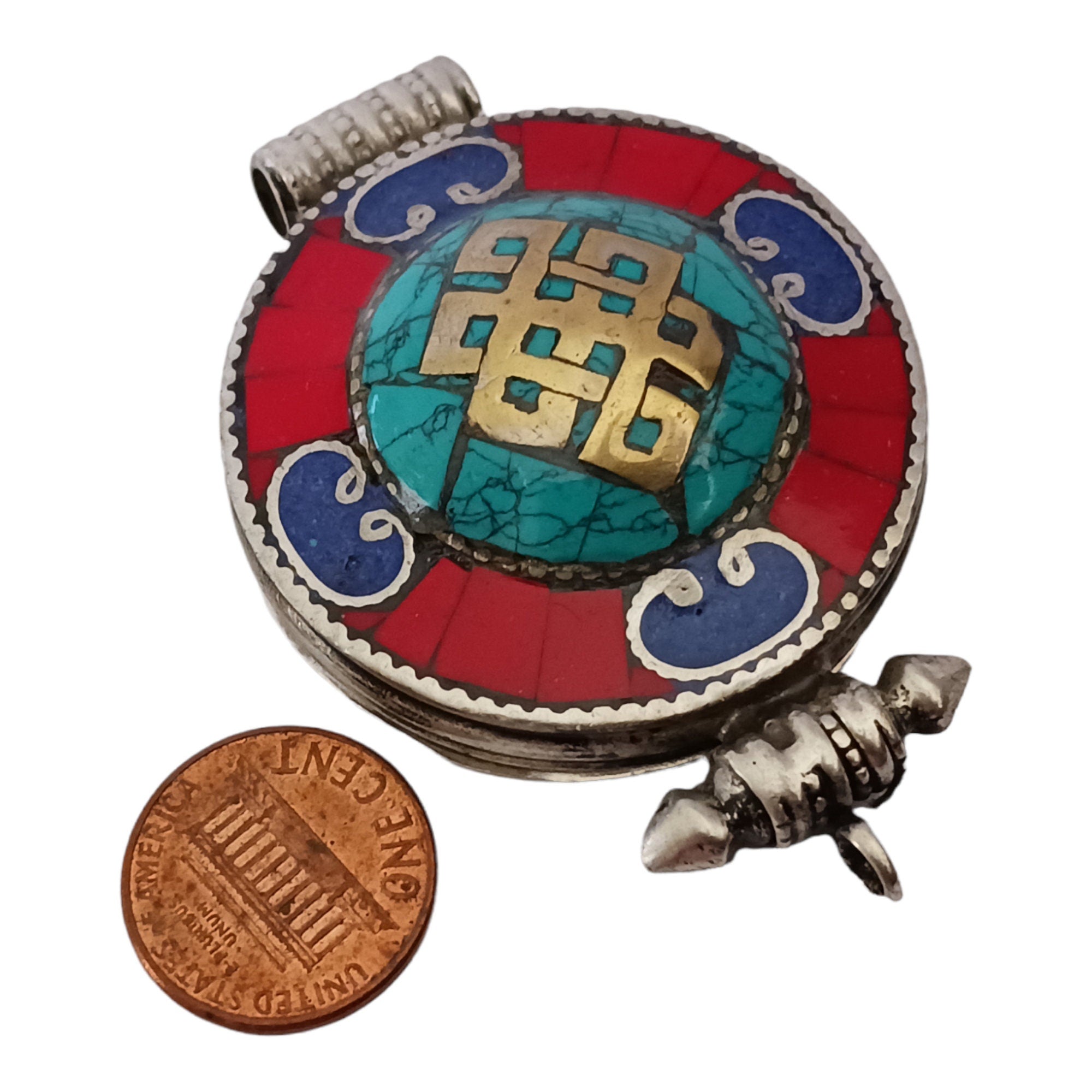 1 Pendant - Large big Ethnic Tibetan antiqued silver finish Ghau prayer box infinity knot pendant turquoise lapis inlay - PM426F