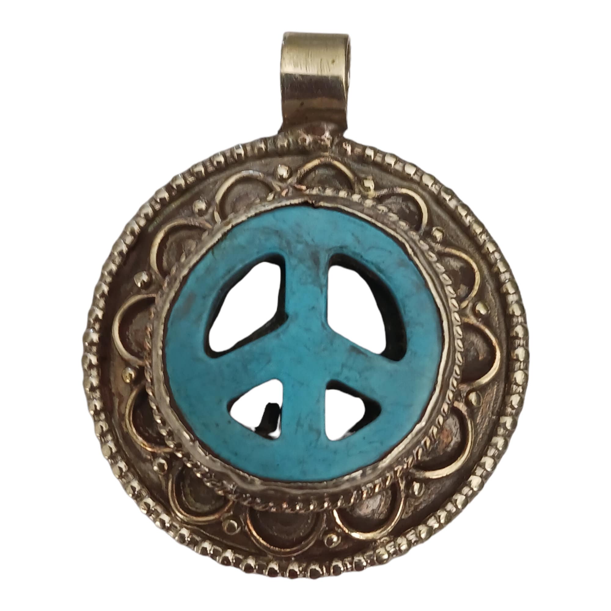 1 pendant - Beautiful round oval disc shape ethnic retro peace symbol Tibetan pendant blue - PM470A