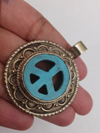 1 pendant - Beautiful round oval disc shape ethnic retro peace symbol Tibetan pendant blue - PM470A