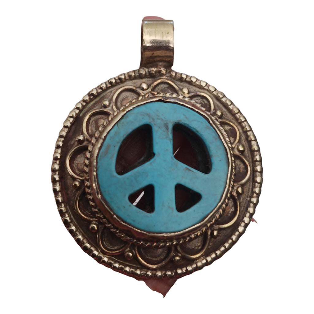 1 pendant - Beautiful round oval disc shape ethnic retro peace symbol Tibetan pendant blue - PM470A