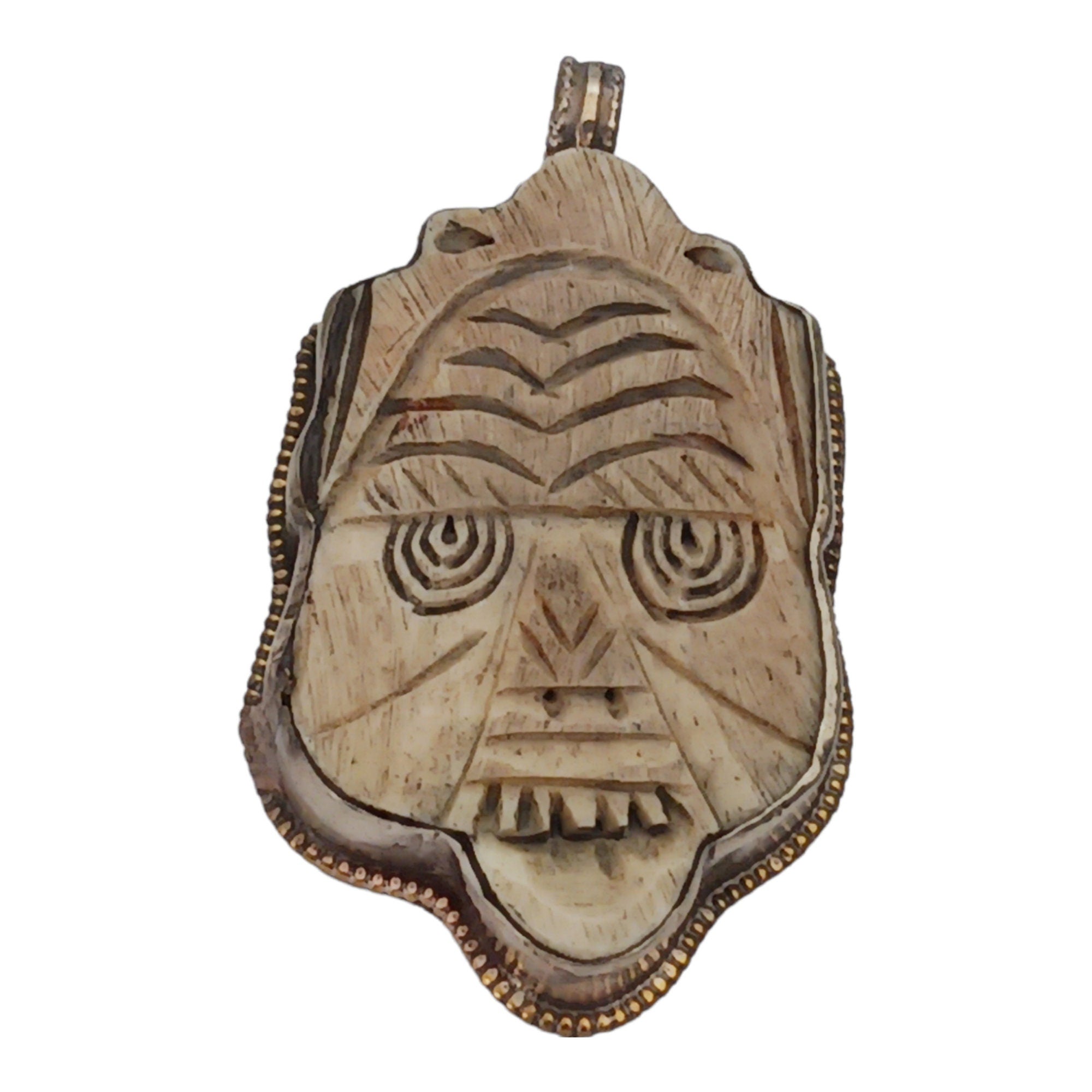 1 Pendant - Tribal carved face recycled cattle bone pendant with floral carving reverse side Nepal - PB006C