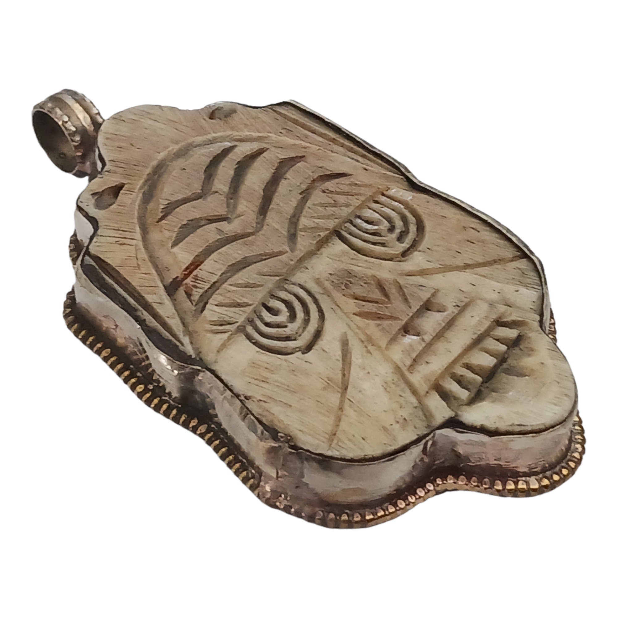 1 Pendant - Tribal carved face recycled cattle bone pendant with floral carving reverse side Nepal - PB006C