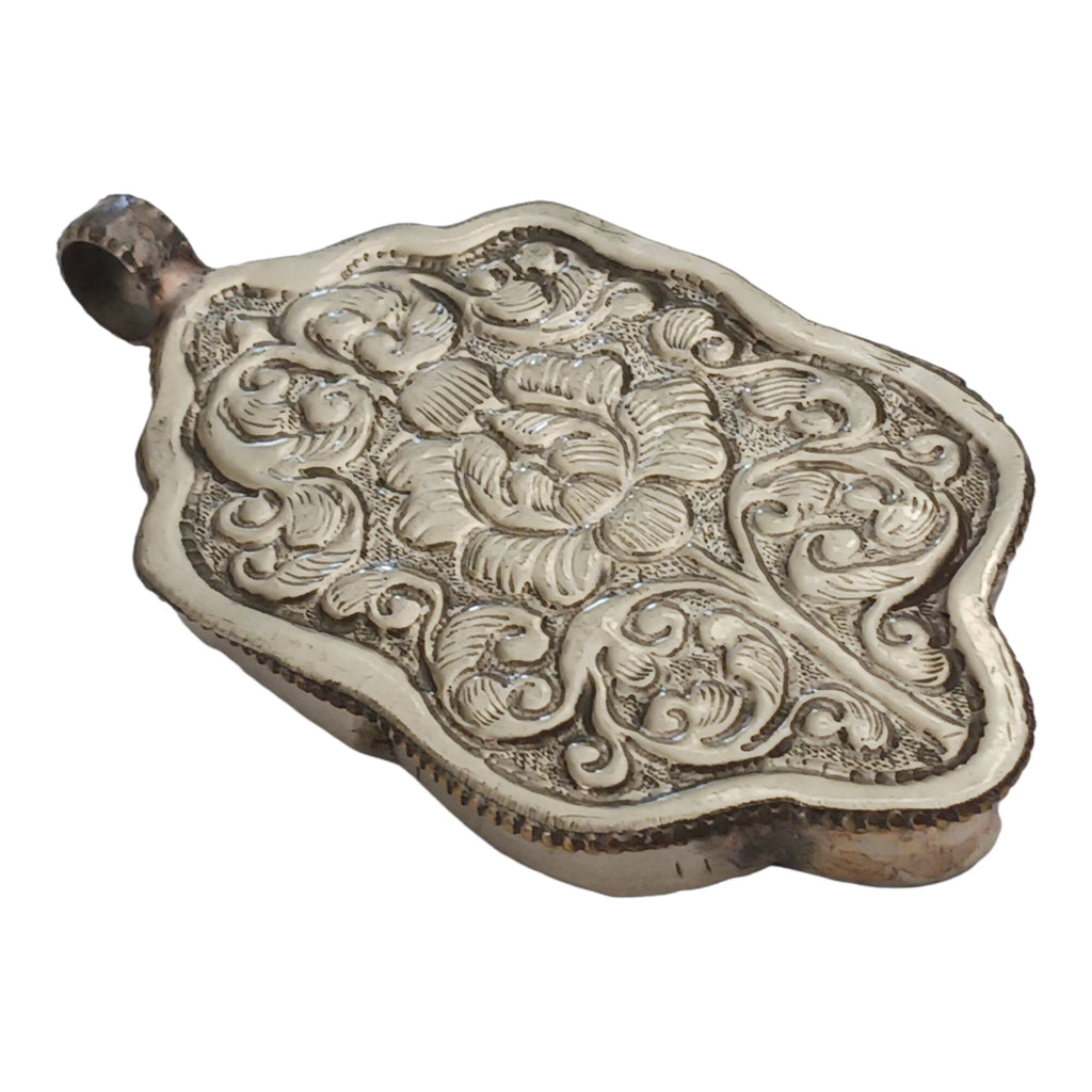 1 Pendant - Tribal carved face recycled cattle bone pendant with floral carving reverse side Nepal - PB006C