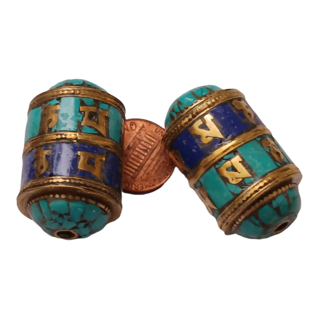 1 BEAD - Ethnic Tibetan om mantra scroll bead with turquoise lapis and brass inlay - BD831A