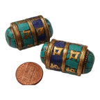 1 BEAD - Ethnic Tibetan om mantra scroll bead with turquoise lapis and brass inlay - BD831A