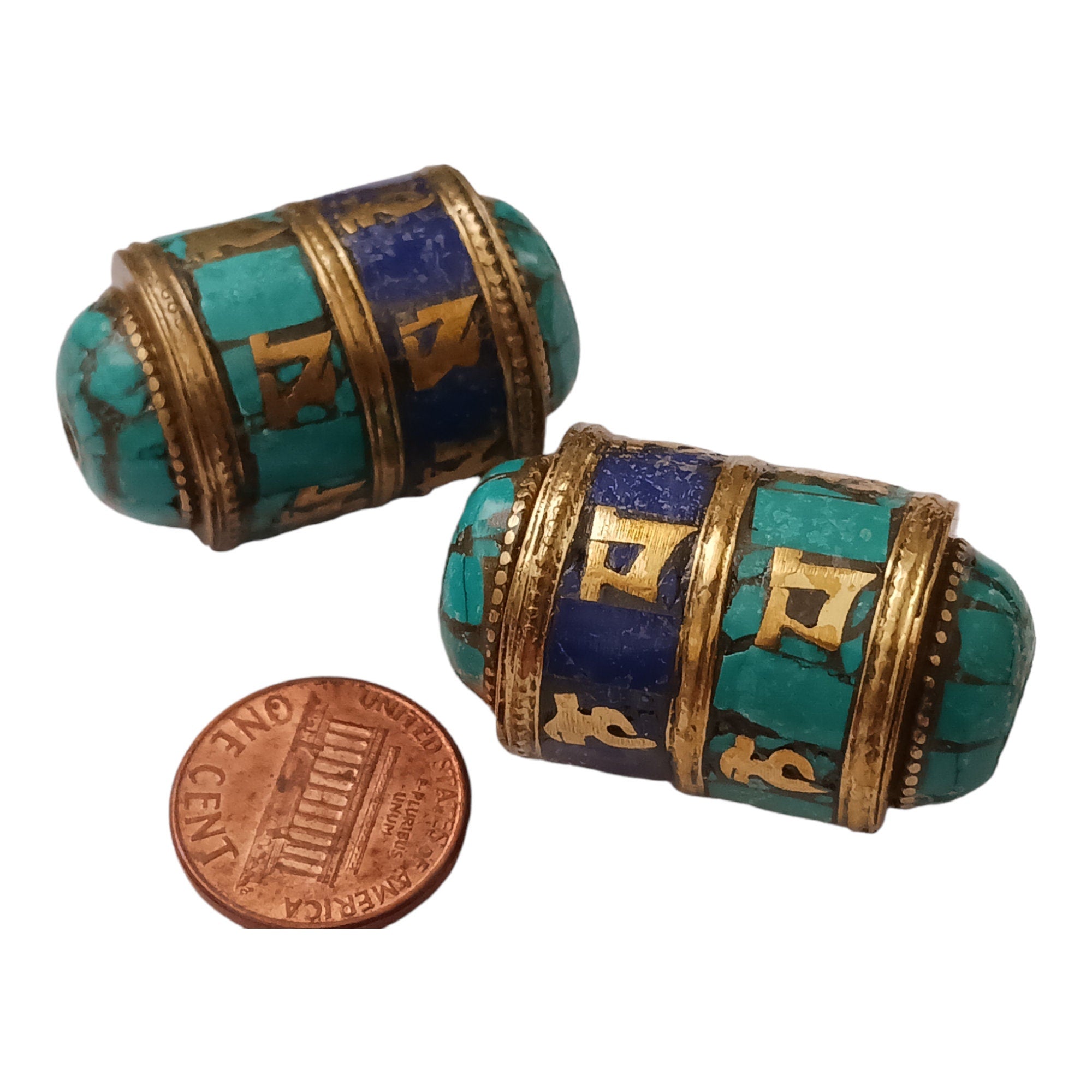 1 BEAD - Ethnic Tibetan om mantra scroll bead with turquoise lapis and brass inlay - BD831A