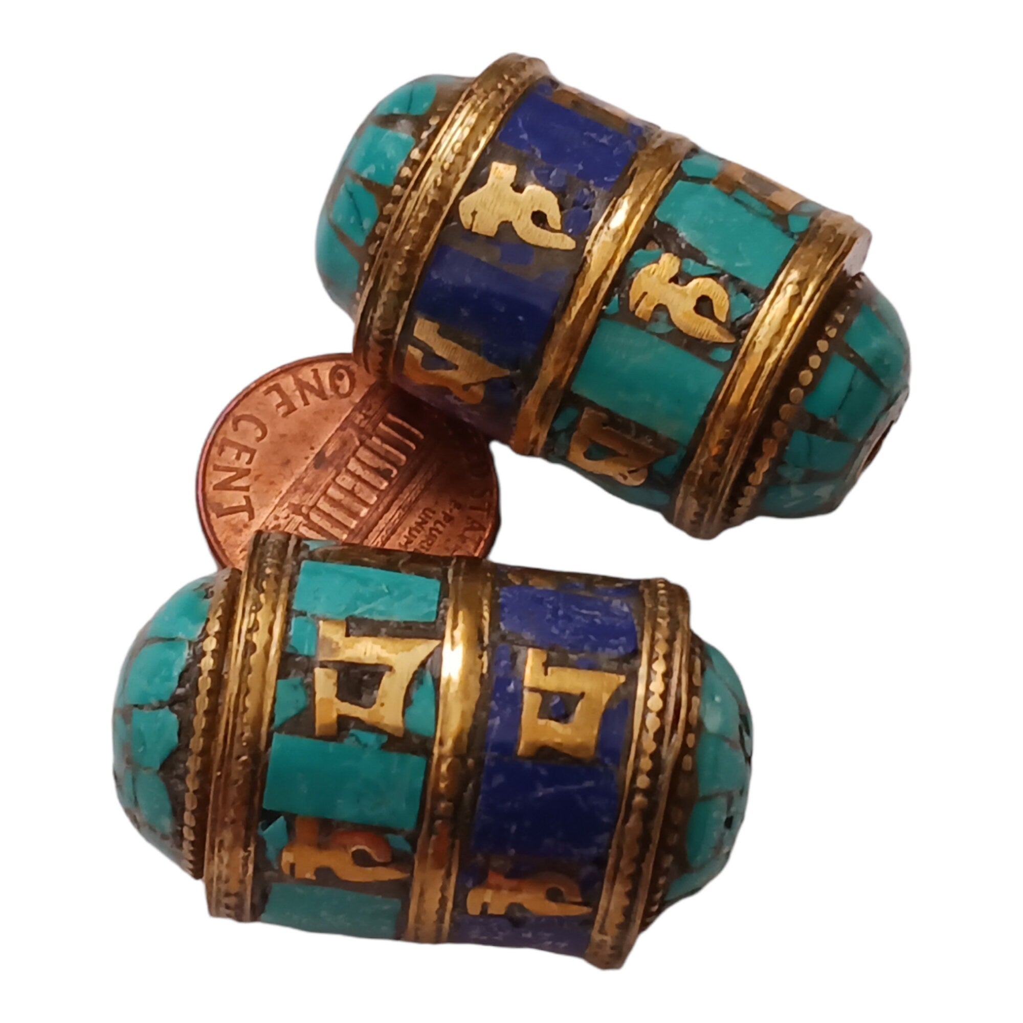 1 BEAD - Ethnic Tibetan om mantra scroll bead with turquoise lapis and brass inlay - BD831A