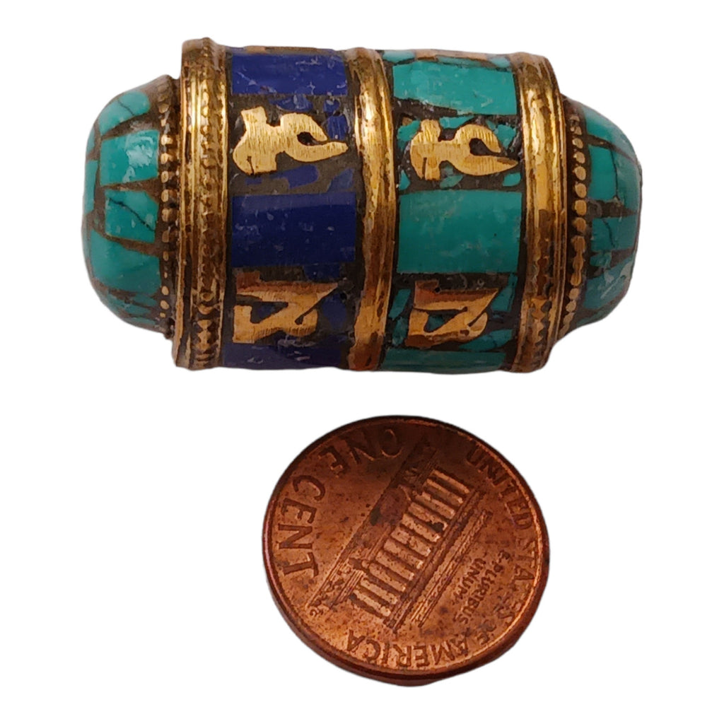 1 BEAD - Ethnic Tibetan om mantra scroll bead with turquoise lapis and brass inlay - BD831A