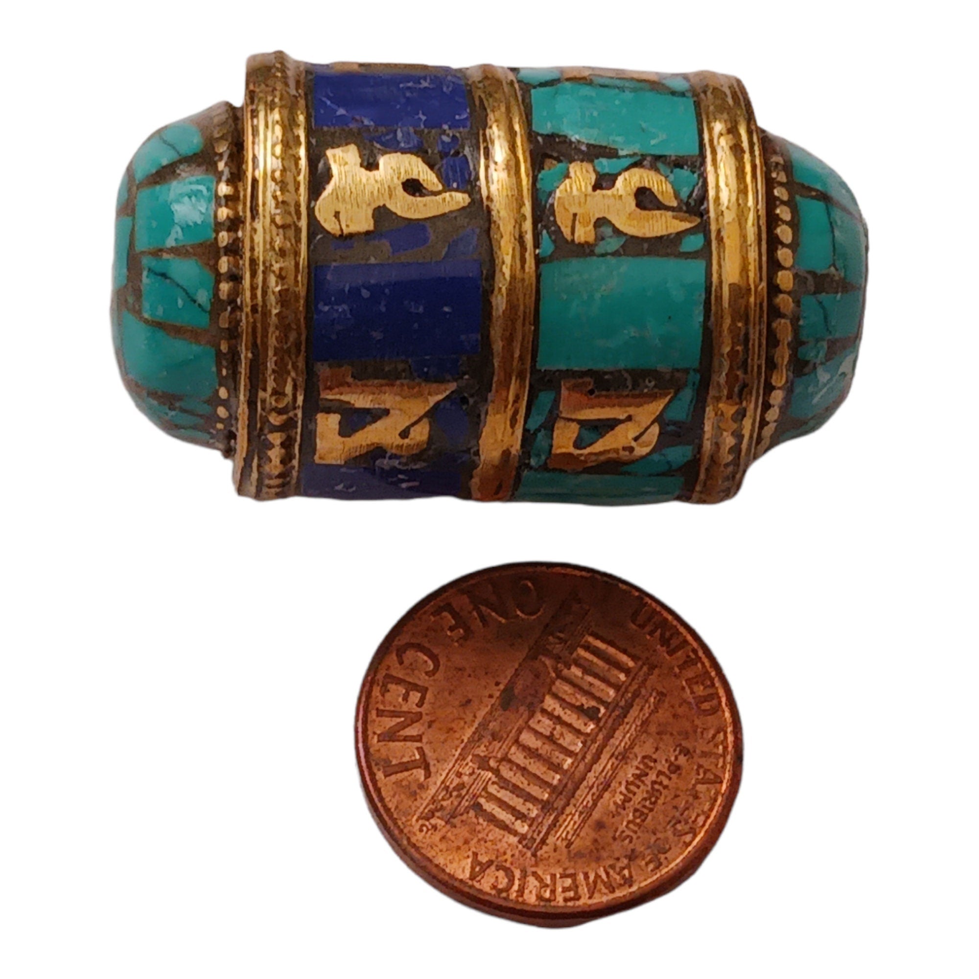 1 BEAD - Ethnic Tibetan om mantra scroll bead with turquoise lapis and brass inlay - BD831A