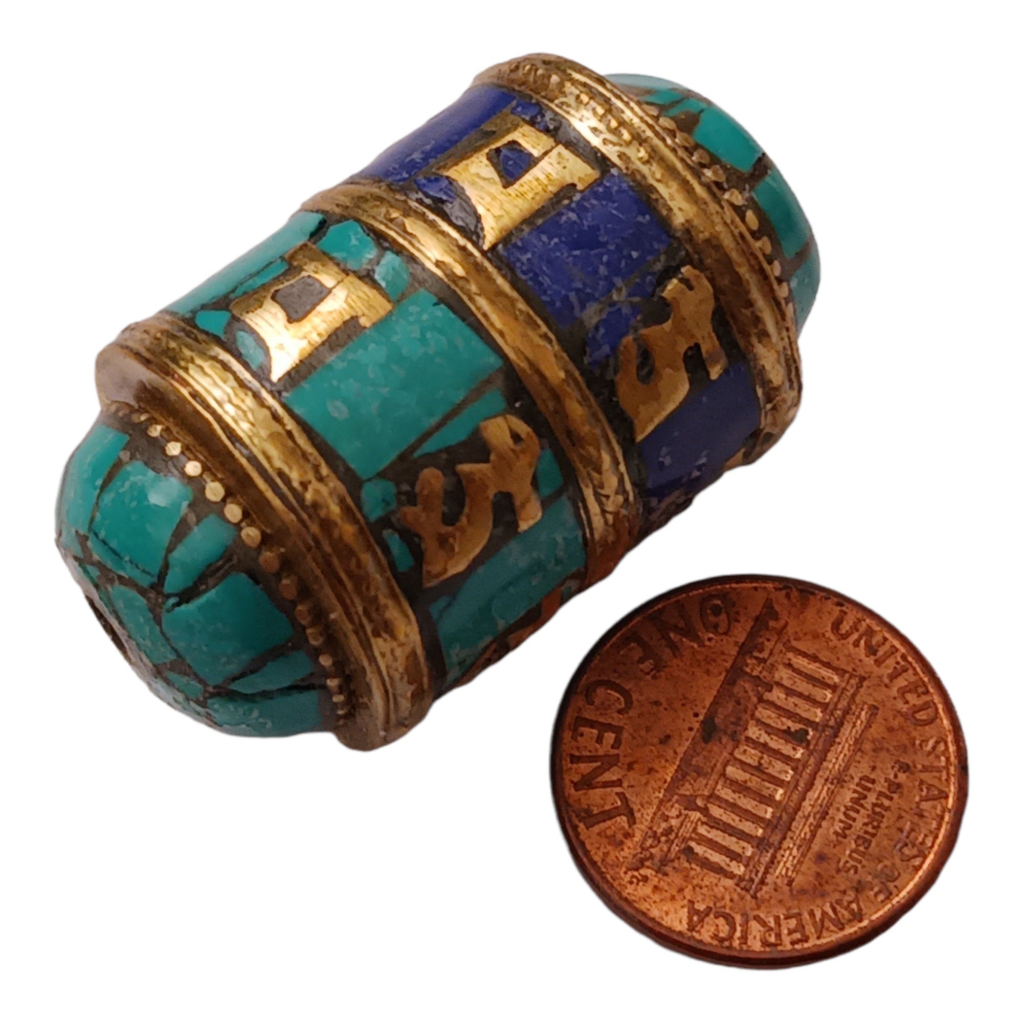 1 BEAD - Ethnic Tibetan om mantra scroll bead with turquoise lapis and brass inlay - BD831A
