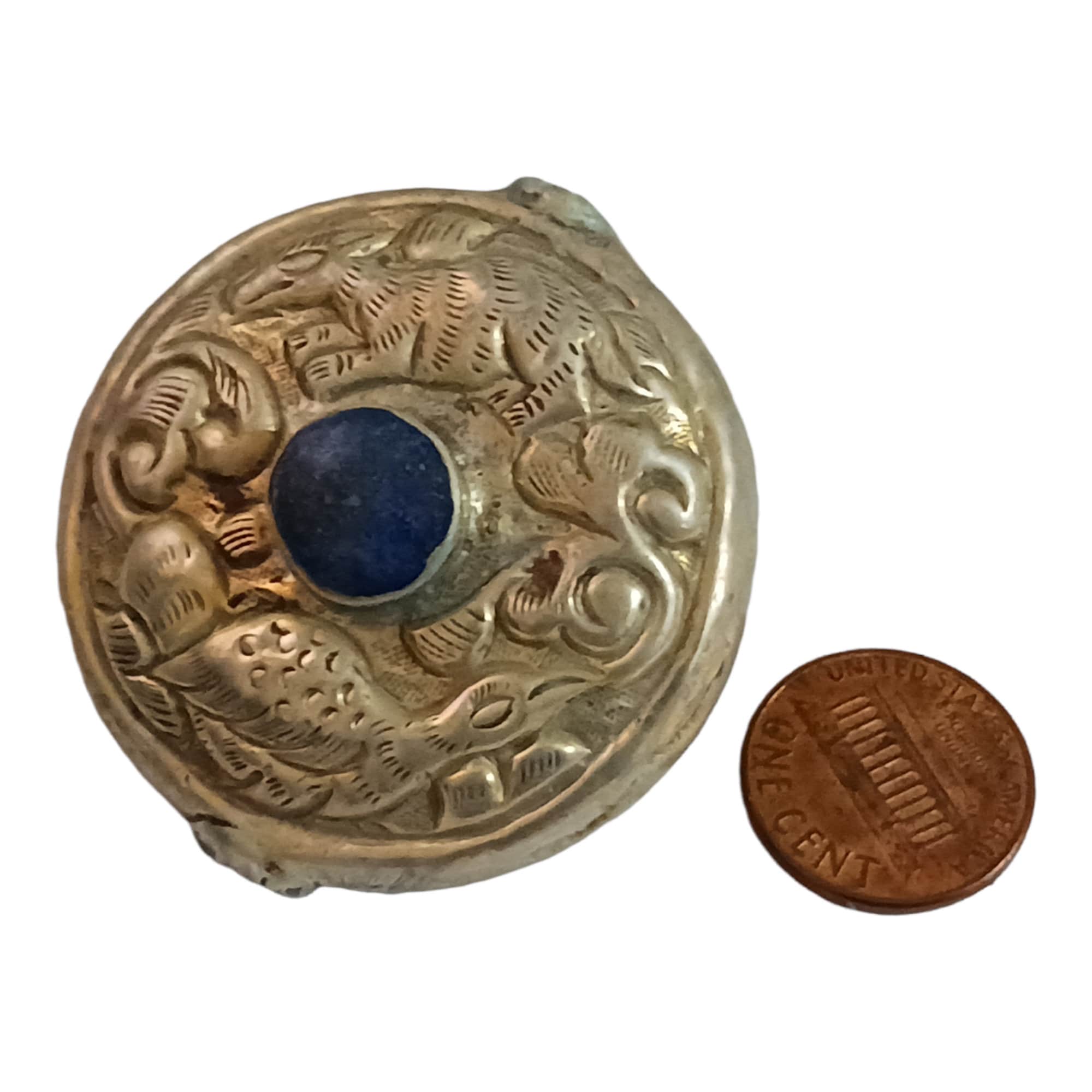 1 Bead - Reversible large Tibetan silver repousse Bead with lapis inlay on both sides - BD669C