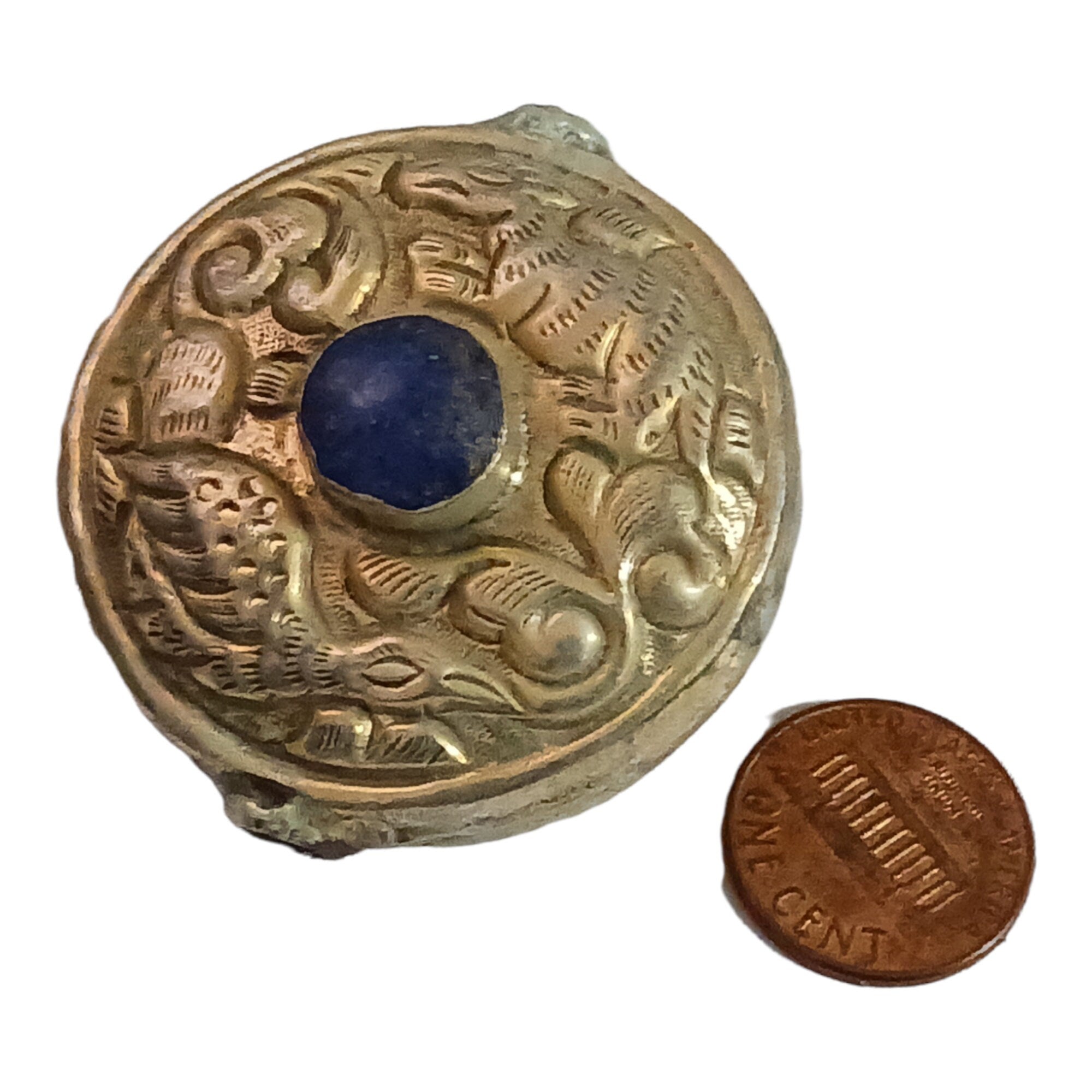 1 Bead - Reversible large Tibetan silver repousse Bead with lapis inlay on both sides - BD669C