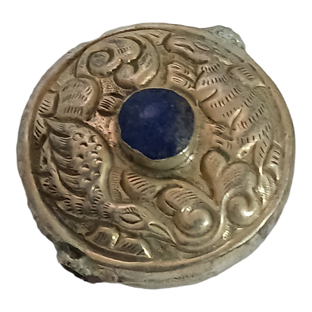 1 Bead - Reversible large Tibetan silver repousse Bead with lapis inlay on both sides - BD669C