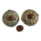 1 Bead - Reversible large Tibetan silver repousse Bead with inlay on both sides - BD669E