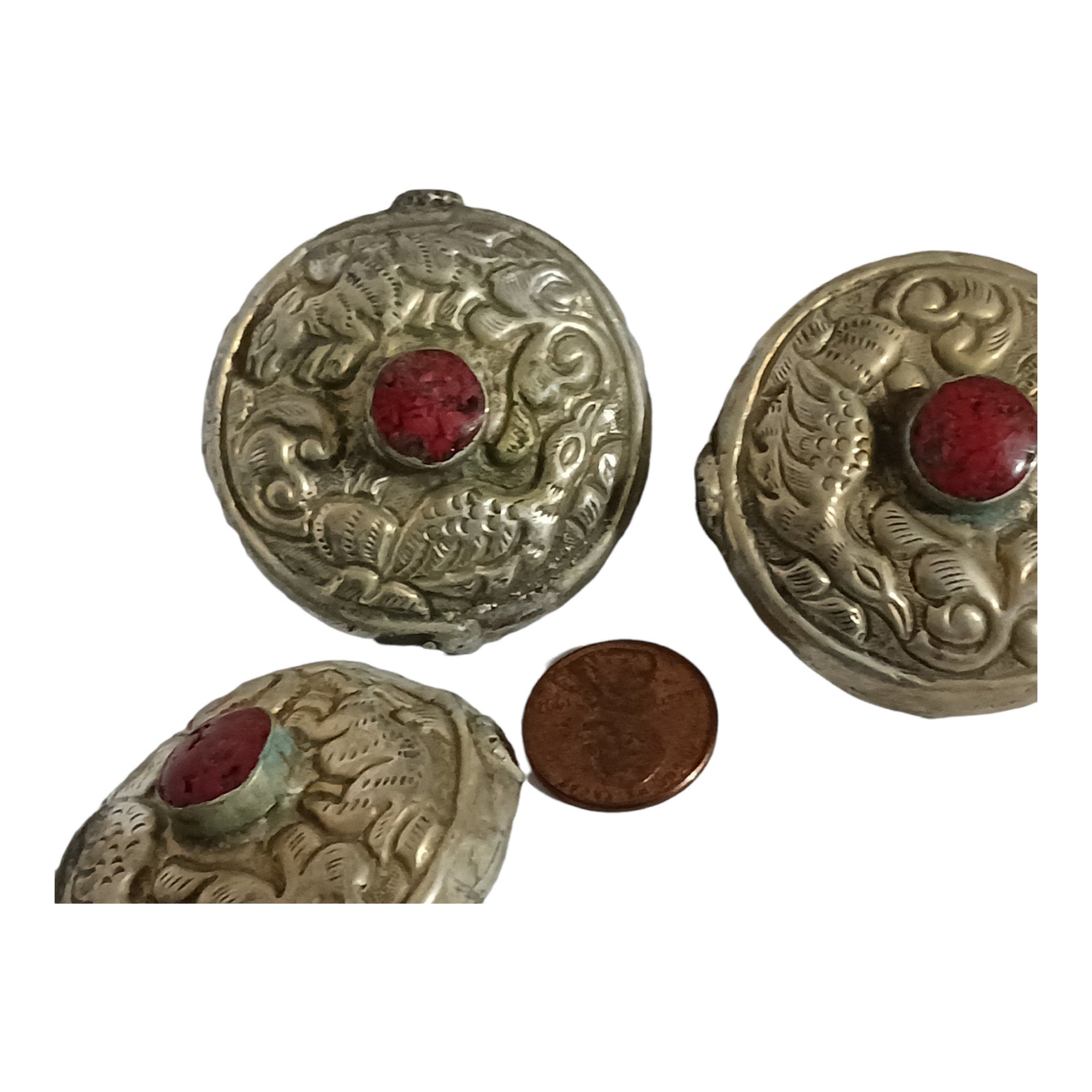 1 Bead - Reversible large Tibetan silver repousse Bead with inlay on both sides - BD669E