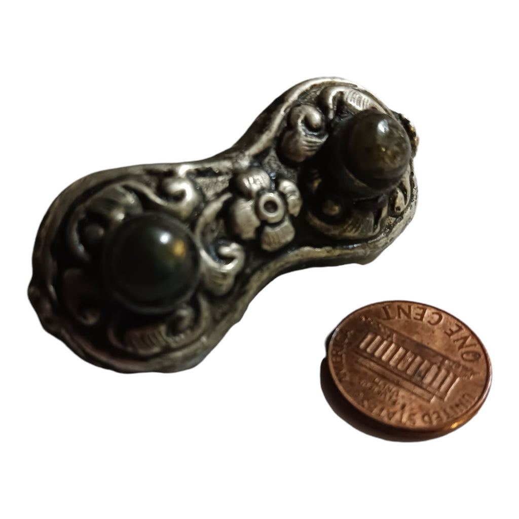 1 Bead - Reversible large Tibetan silver repousse Bead with labradorite inlay on both sides - BD669K