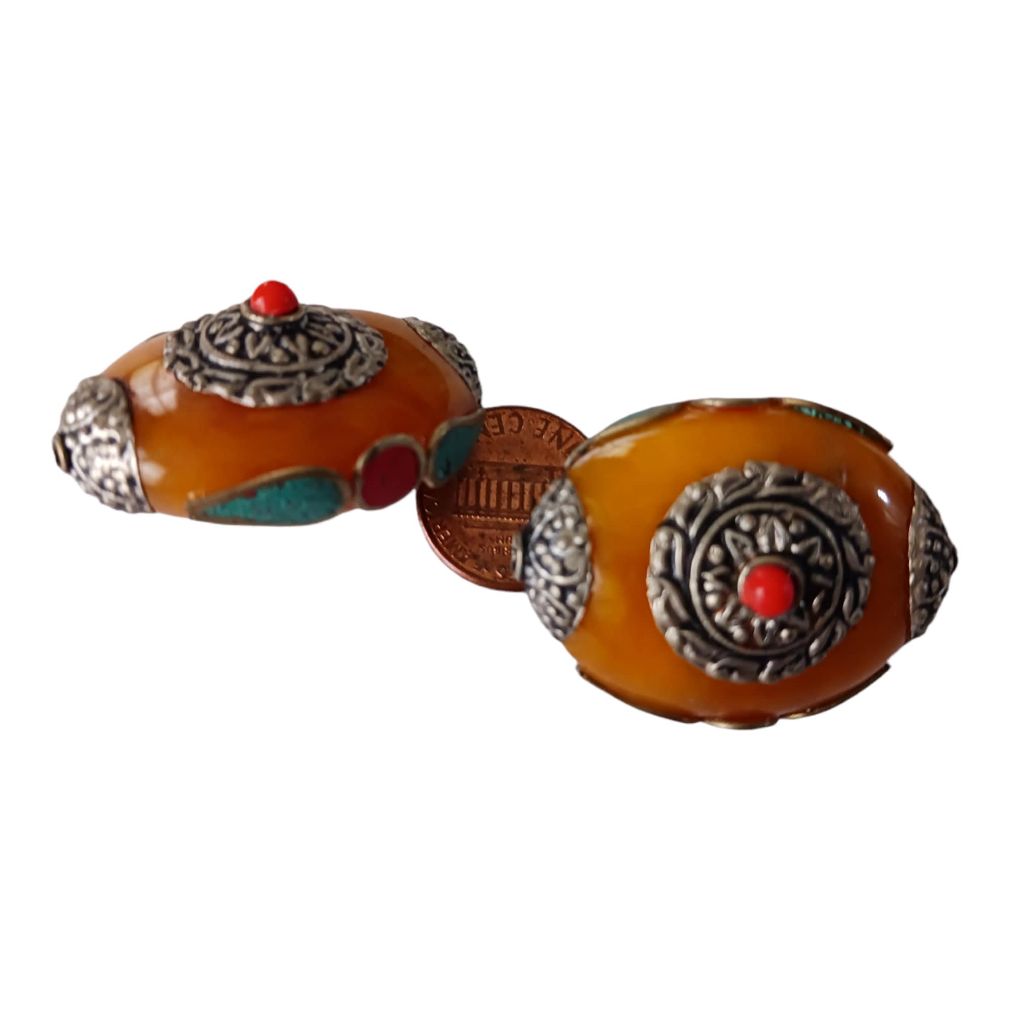 1 BEAD - Tibetan bead honey copal resin reversible beads inlaid with and turquoise Nepal beads - BD666B
