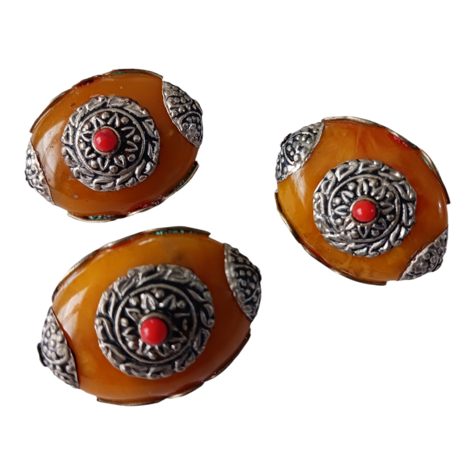 1 BEAD - Tibetan bead honey copal resin reversible beads inlaid with and turquoise Nepal beads - BD666B