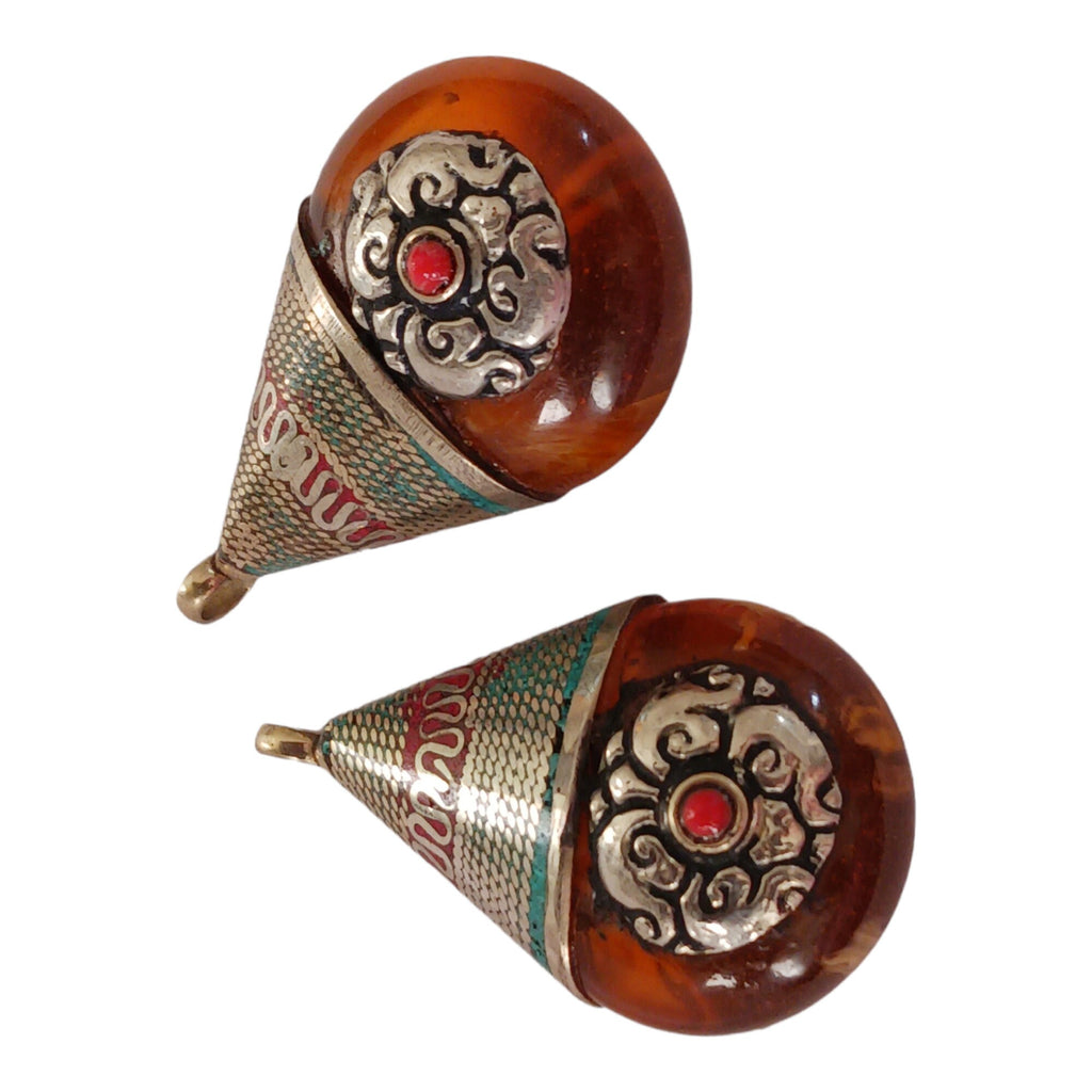 1 Pendant - Reversible Tibetan silver copal resin pendant with beautiful bail design - PM260K