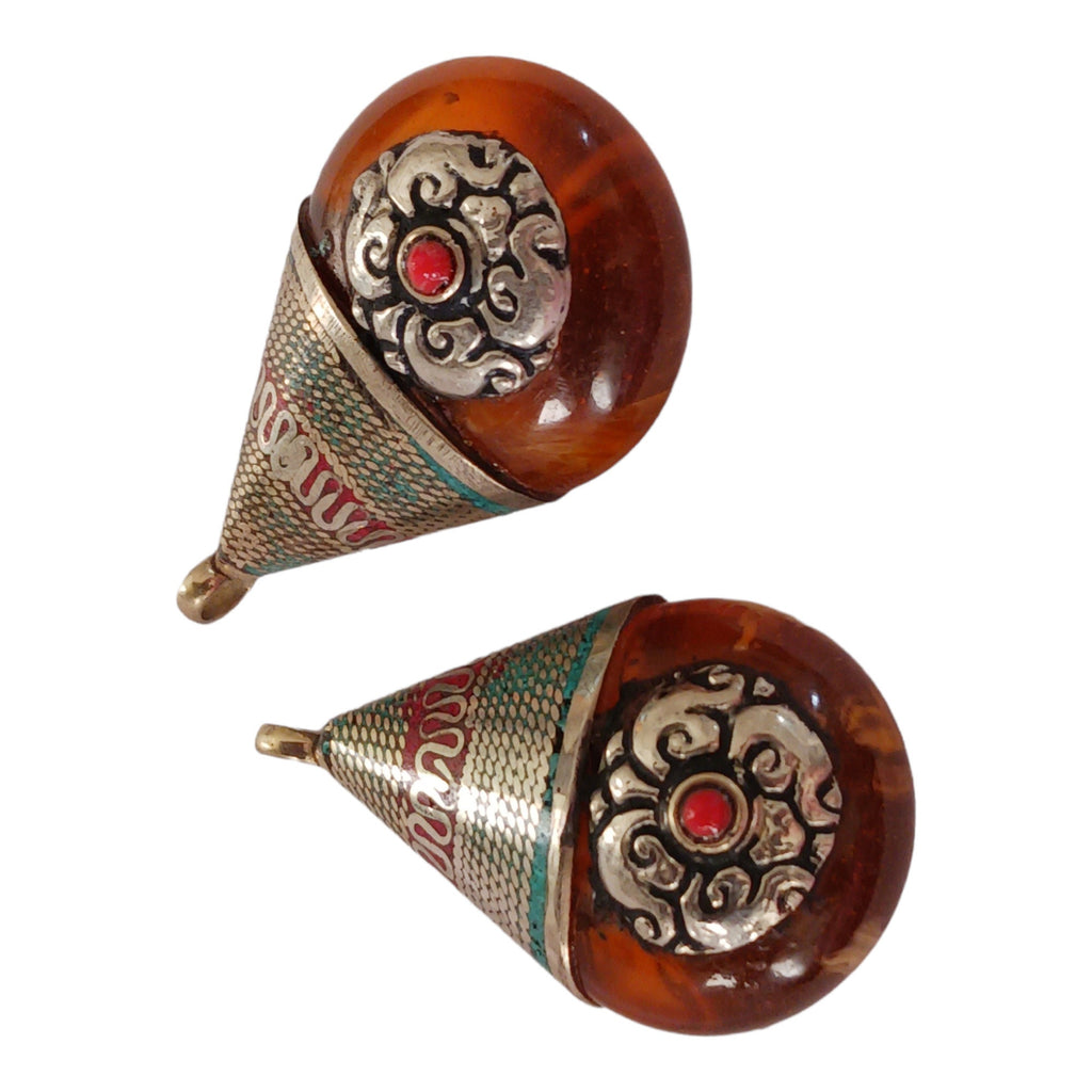 1 Pendant - Reversible Tibetan silver copal resin pendant with beautiful bail design - PM260K