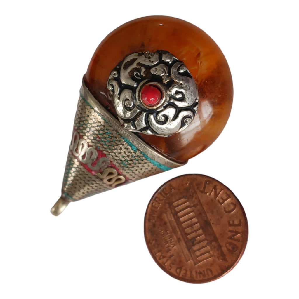 1 Pendant - Reversible Tibetan silver copal resin pendant with beautiful bail design - PM260K