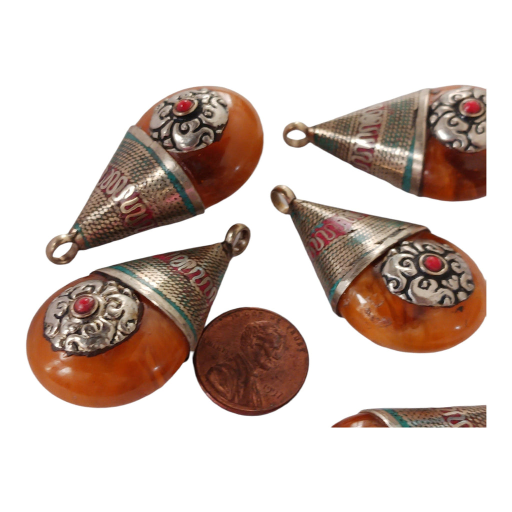 1 Pendant - Reversible Tibetan silver copal resin pendant with beautiful bail design - PM260K