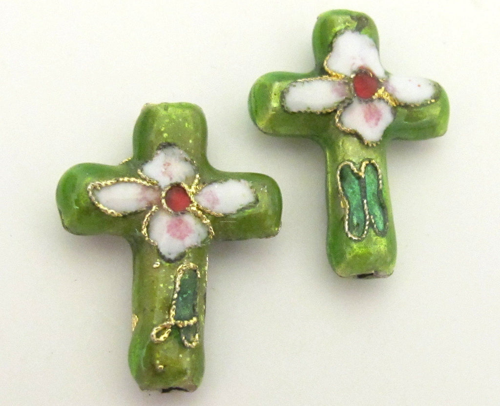 2 pieces - Green cloissone cross beads - BD175B