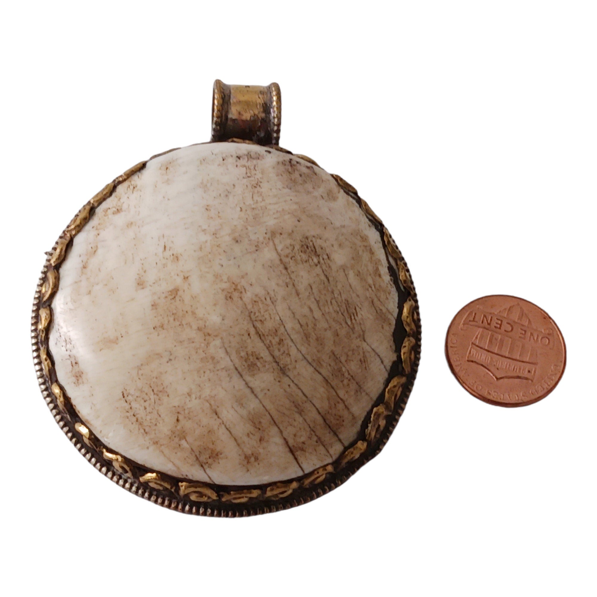 Oval shape Tibetan antiqued brass finish reversible naga conch shell tribal design pendant with reverse side phoenix bird carving - PM015B