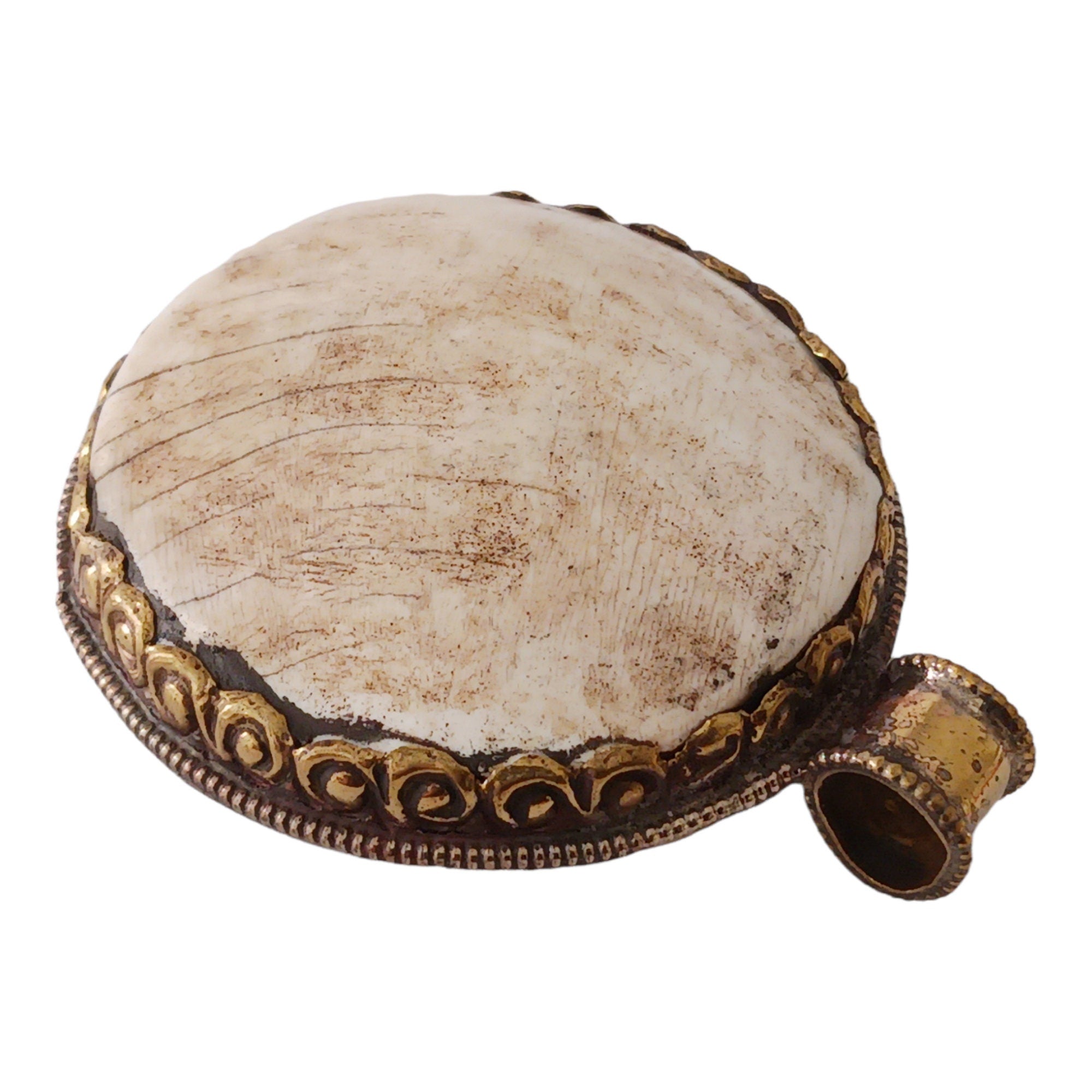 Oval shape Tibetan antiqued brass finish reversible naga conch shell tribal design pendant with reverse side phoenix bird carving - PM015B