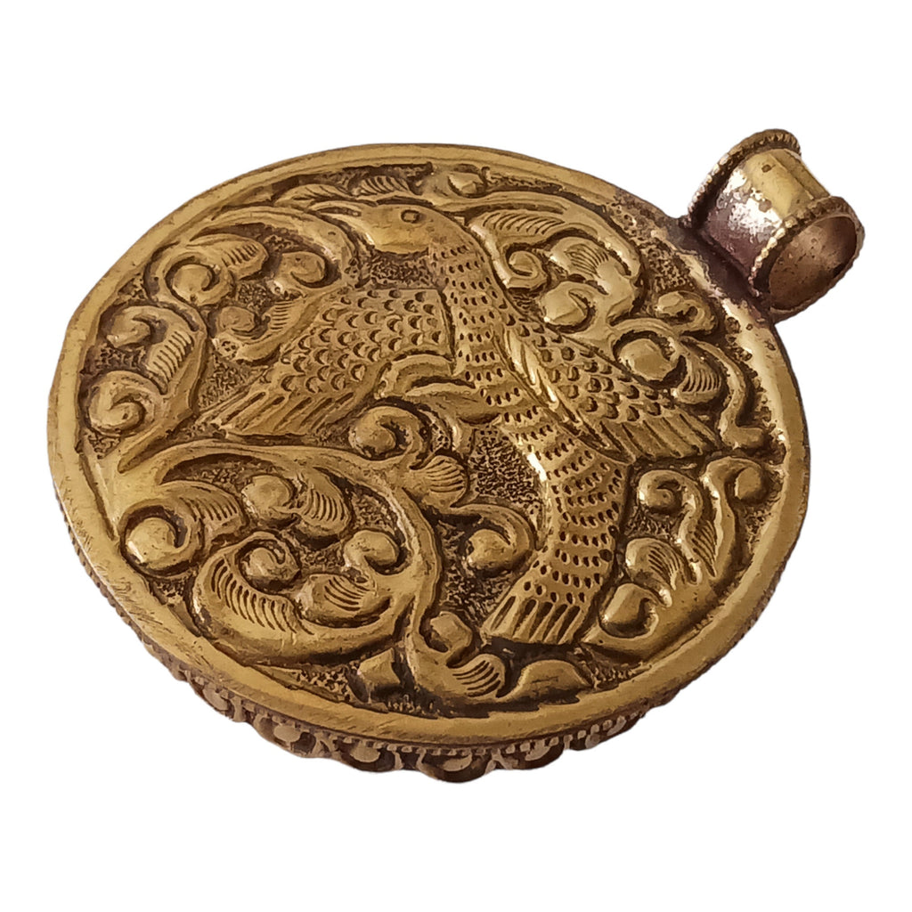 Oval shape Tibetan antiqued brass finish reversible naga conch shell tribal design pendant with reverse side phoenix bird carving - PM015B