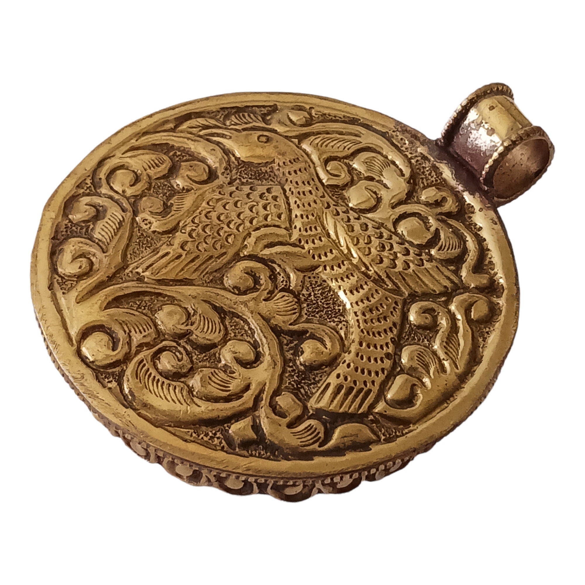 Oval shape Tibetan antiqued brass finish reversible naga conch shell tribal design pendant with reverse side phoenix bird carving - PM015B