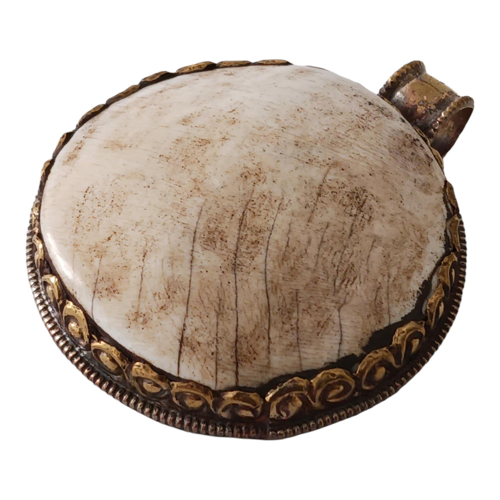 Oval shape Tibetan antiqued brass finish reversible naga conch shell tribal design pendant with reverse side phoenix bird carving - PM015B