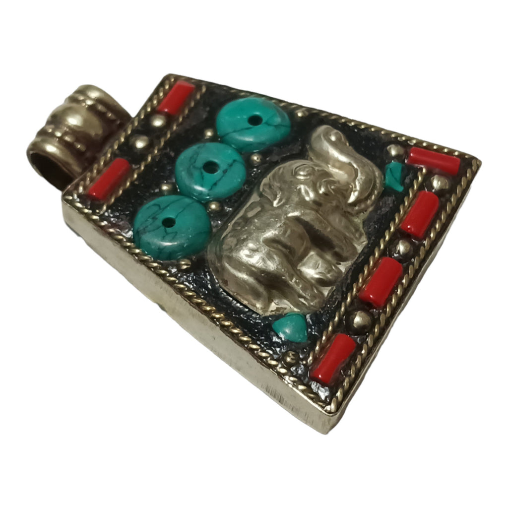 Tibetan Elephant Pendant | Trapezoid Shape Decorative Charm | Red & Blue Inlay Design | Antiqued Silver Finish Alloy | Nepal PM283