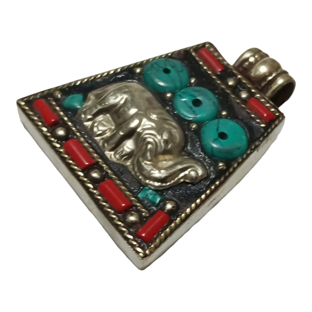 Tibetan Elephant Pendant | Trapezoid Shape Decorative Charm | Red & Blue Inlay Design | Antiqued Silver Finish Alloy | Nepal PM283