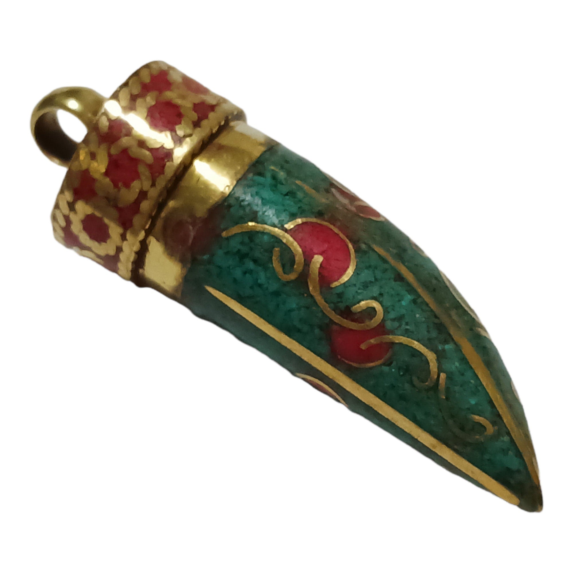 1 pendant - Tibetan brass tribal pendant floral design with turquoise inlay - PM405M