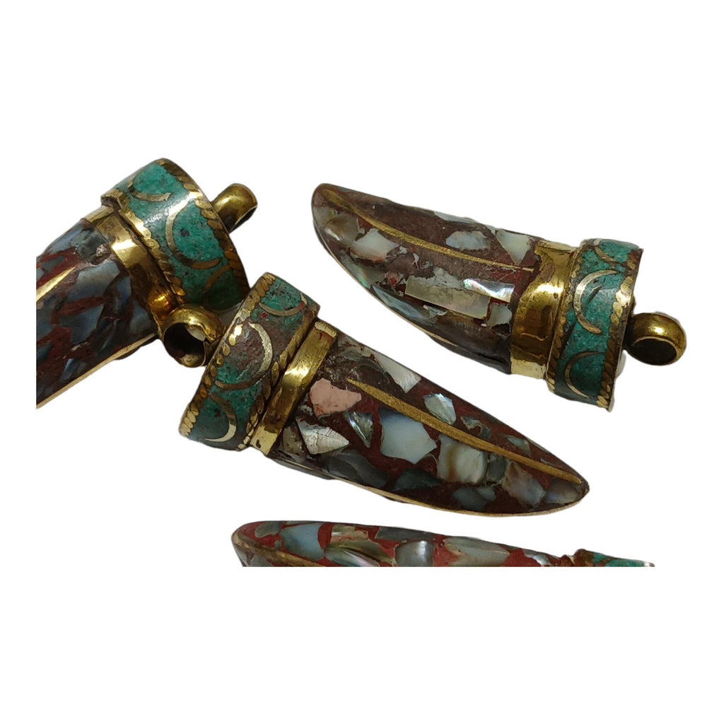 1 Pendant - Tibetan horn shape Brass pendant with MOP shell inlay - PM405H