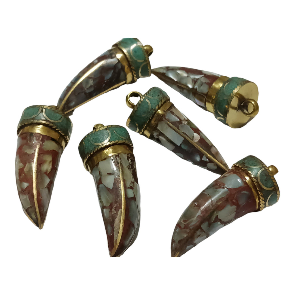 1 Pendant - Tibetan horn shape Brass pendant with MOP shell inlay - PM405H
